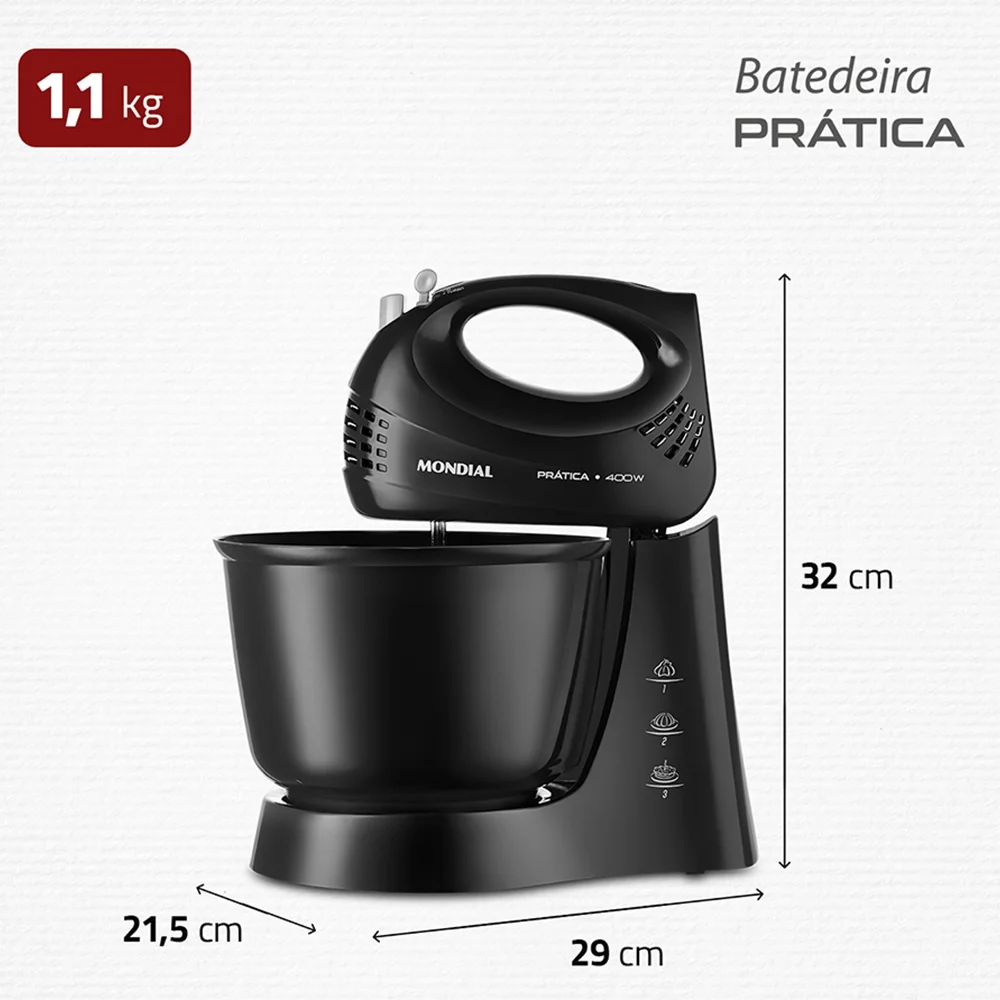 batedeira mondial prática b44b 3 velocidades + turbo, 1 tigela, 400w, preta, 220v batedeira mondial prática b44b 3 velocidades + turbo, 1 tigela, 400w, preta, 220v