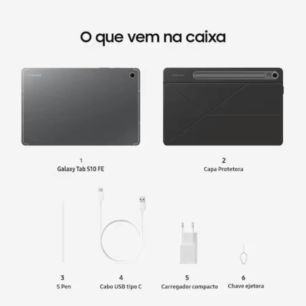 tablet samsung galaxy tab s10 fe 5g, 128gb, 8gb, tela 10.9" 90hz, s pen e capa inclusas cinza tablet samsung galaxy tab s10 fe 5g, 128gb, 8gb, tela 10.9" 90hz, s pen e capa inclusas cinza