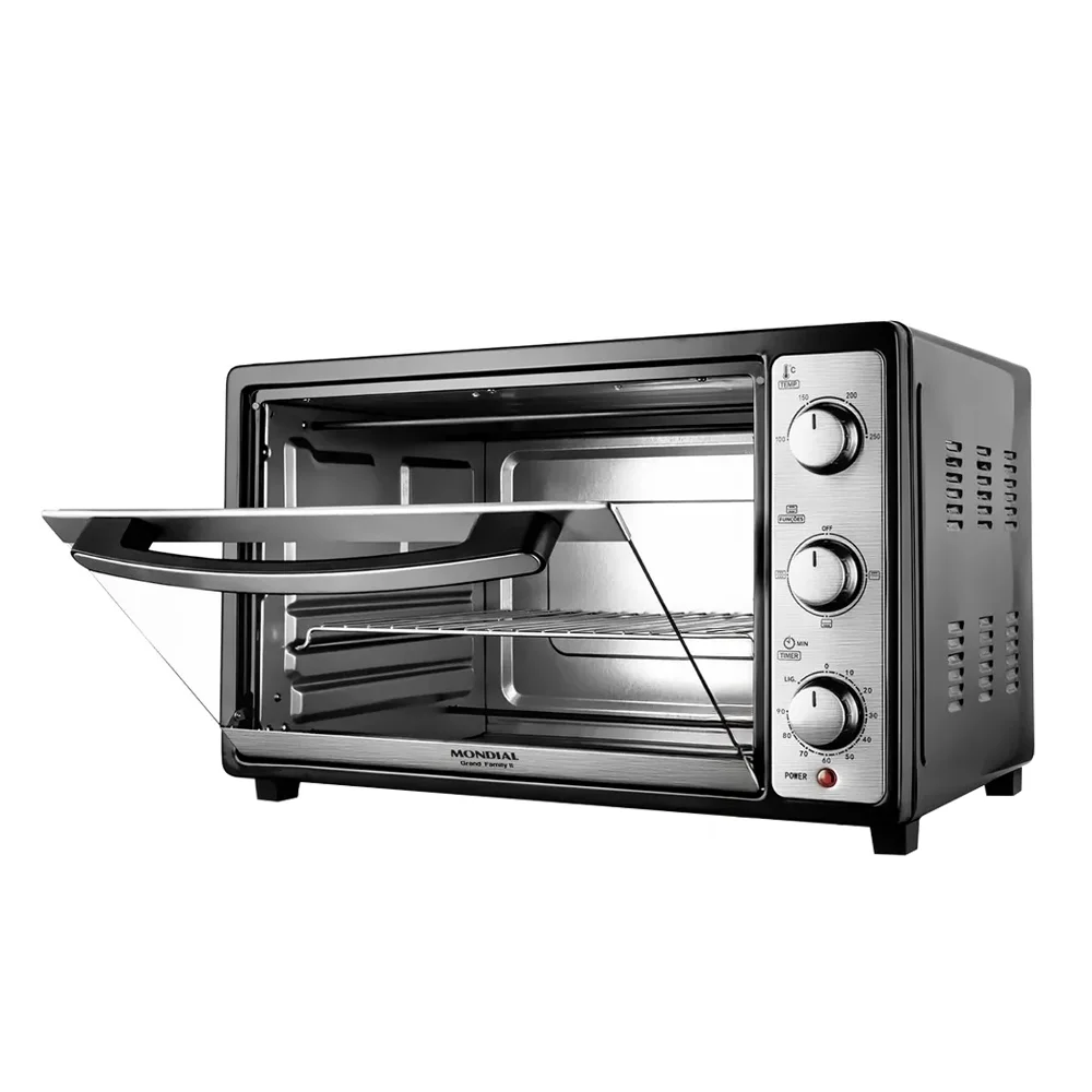 forno elétrico de bancada mondial 52 litros frn 52 b grand family ii, preto/inox, 1800w, 110v forno elétrico de bancada mondial 52 litros frn 52 b grand family ii, preto/inox, 1800w, 110v