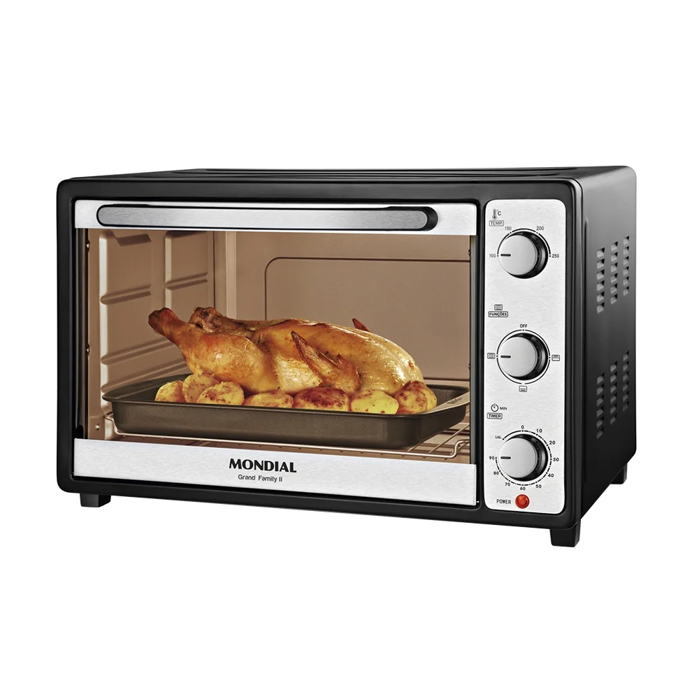 forno elétrico de bancada mondial 52 litros frn 52 b grand family ii, preto/inox, 1800w, 110v forno elétrico de bancada mondial 52 litros frn 52 b grand family ii, preto/inox, 1800w, 110v