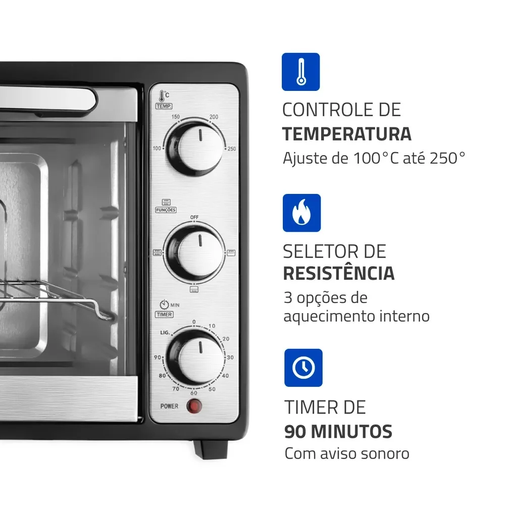 forno elétrico de bancada mondial 52 litros frn 52 b grand family ii, preto/inox, 1800w, 110v forno elétrico de bancada mondial 52 litros frn 52 b grand family ii, preto/inox, 1800w, 110v